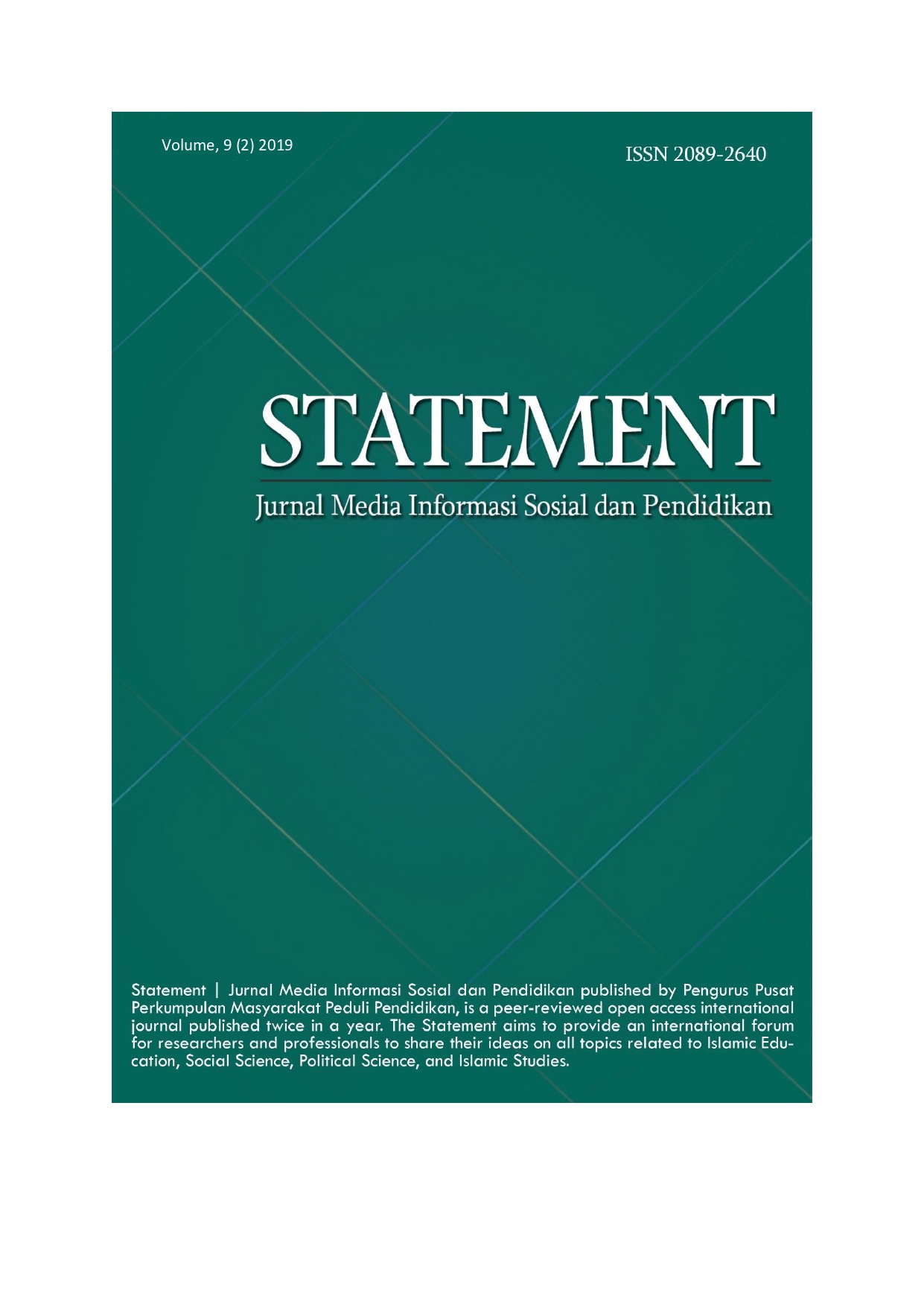 					View Vol. 6 No. 1 (2016): Statement | Jurnal Media Informasi Sosial dan Pendidikan
				