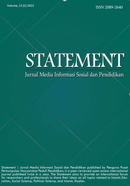 					View Vol. 13 No. 1 (2023): Statement | Jurnal Media Informasi Sosial dan Pendidikan
				